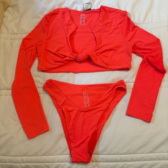Fashion Nova Other - NWT Fashion Nova Bright Orange Long Sleeve Crop Top High Waist Swimsuit Sz M